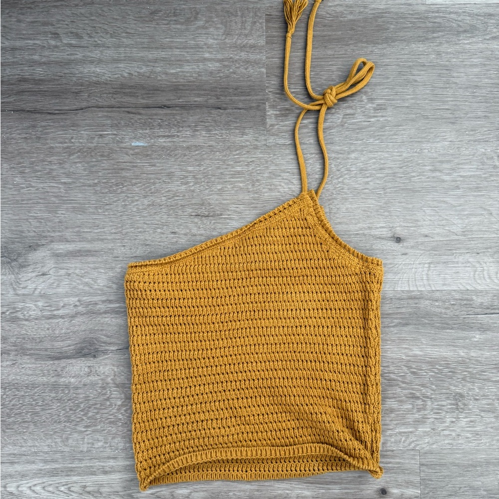 Mustard Yellow brown Crochet Women Top XS